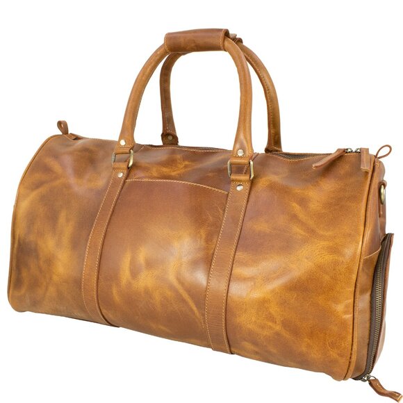 Genuine Leather Travel Duffle Bag, Tan - Picture 4 of 14
